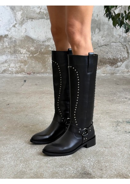 Faren Siyah Zımbalı Hakiki Deri Kadın Çizme modelleri