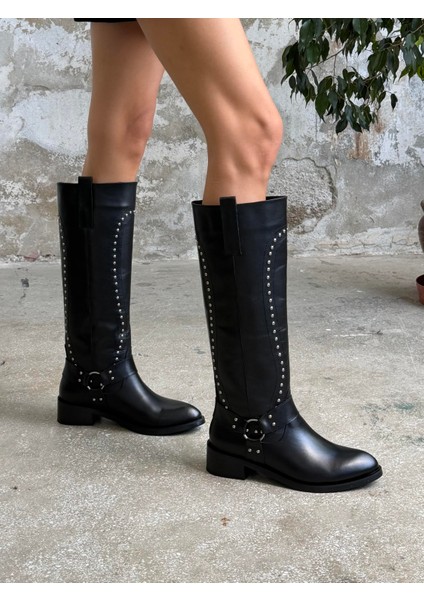 Faren Siyah Zımbalı Hakiki Deri Kadın Çizme fırsatları