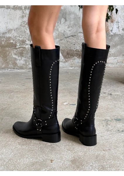 Faren Siyah Zımbalı Hakiki Deri Kadın Çizme indirimleri