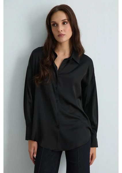 Rahat Kesim Saten Gömlek - Siyah modelleri