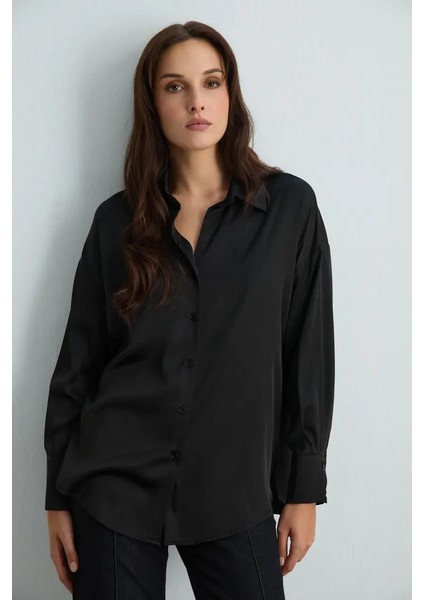 Rahat Kesim Saten Gömlek - Siyah fırsatları