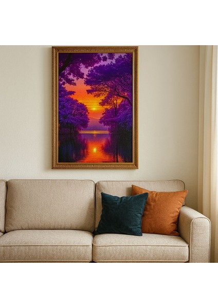 Sunset Serenity – Mor Ağaçlar ve Gün Batımı Temalı Dekoratif Duvar Tablosu (Çerçeveli)