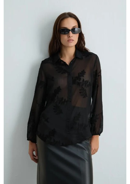 Nakışlı Şifon Gömlek - Siyah
