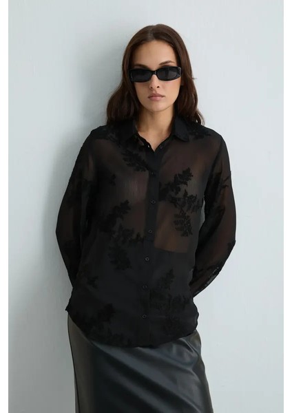 Nakışlı Şifon Gömlek - Siyah modelleri