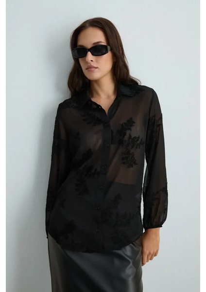 Nakışlı Şifon Gömlek - Siyah fırsatları