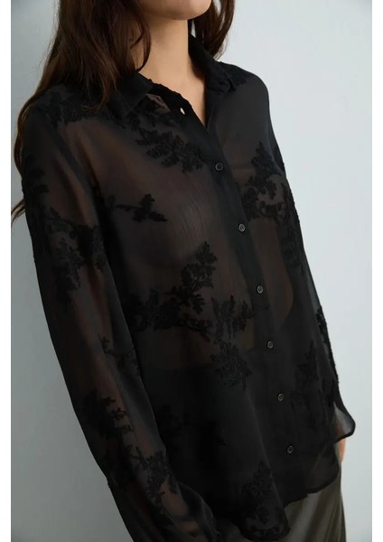 Nakışlı Şifon Gömlek - Siyah indirimleri