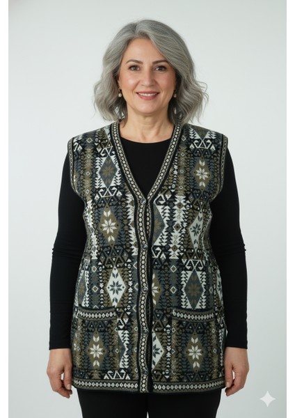 Kadın Kışlık Anne Yelek Pamuklu Triko Örme Etnik Desenli Cepli Düğmeli Rahat Tam Kalıp