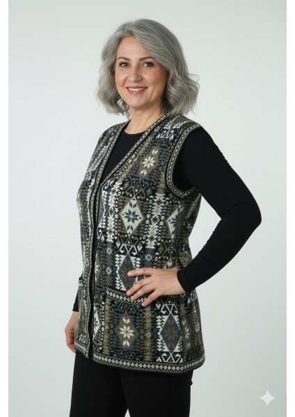 Kadın Kışlık Anne Yelek Pamuklu Triko Örme Etnik Desenli Cepli Düğmeli Rahat Tam Kalıp fiyatları