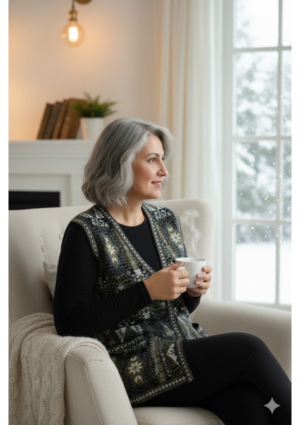 Kadın Kışlık Anne Yelek Pamuklu Triko Örme Etnik Desenli Cepli Düğmeli Rahat Tam Kalıp modelleri