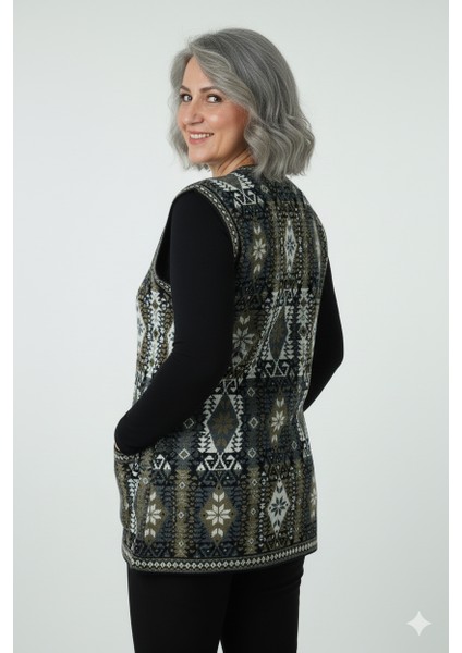 Kadın Kışlık Anne Yelek Pamuklu Triko Örme Etnik Desenli Cepli Düğmeli Rahat Tam Kalıp fırsatları