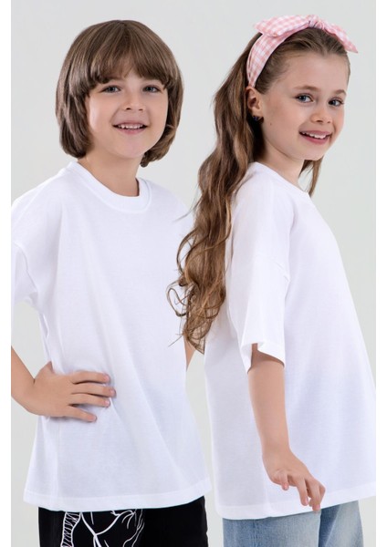 Unisex Çocuk Bisiklet Yaka Kısa Kol %100 Pamuk Oversize Tişört Beyaz