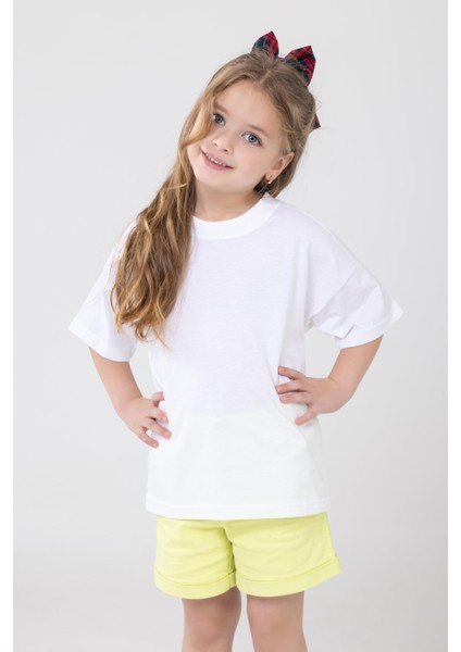 Unisex Çocuk Bisiklet Yaka Kısa Kol %100 Pamuk Oversize Tişört Beyaz fiyatları