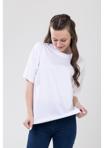 Unisex Çocuk Bisiklet Yaka Kısa Kol %100 Pamuk Oversize Tişört Beyaz fırsatları