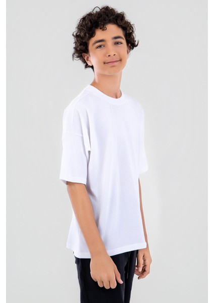 Unisex Çocuk Bisiklet Yaka Kısa Kol %100 Pamuk Oversize Tişört Beyaz indirimleri