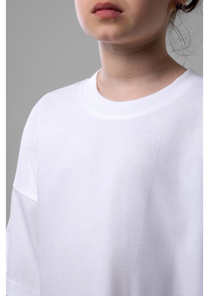 Unisex Çocuk Bisiklet Yaka Kısa Kol %100 Pamuk Oversize Tişört Beyaz