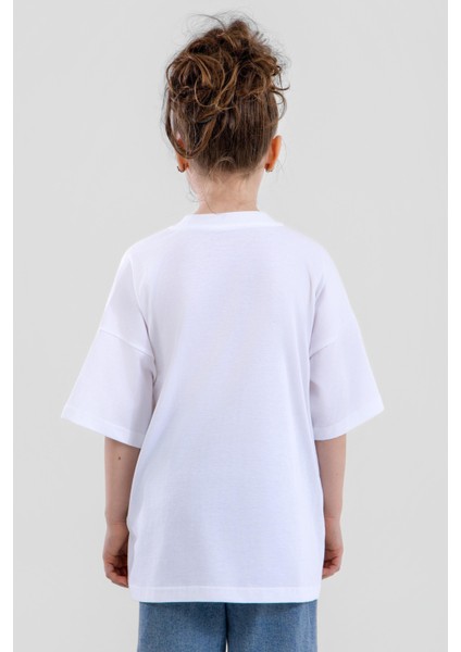 Unisex Çocuk Bisiklet Yaka Kısa Kol %100 Pamuk Oversize Tişört Beyaz