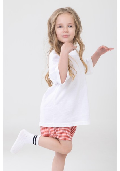 Unisex Çocuk Bisiklet Yaka Kısa Kol %100 Pamuk Oversize Tişört Beyaz