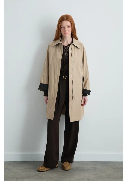 Fermuarlı Koton Trençkot - Bej