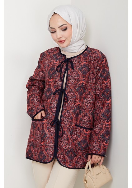 Etnik Desen Bağlamalı Kapitone Ceket 1618 - Bordo