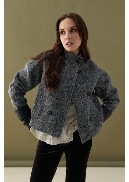 Dik Yakalı Yünlü Ceket - Siyah fiyatları