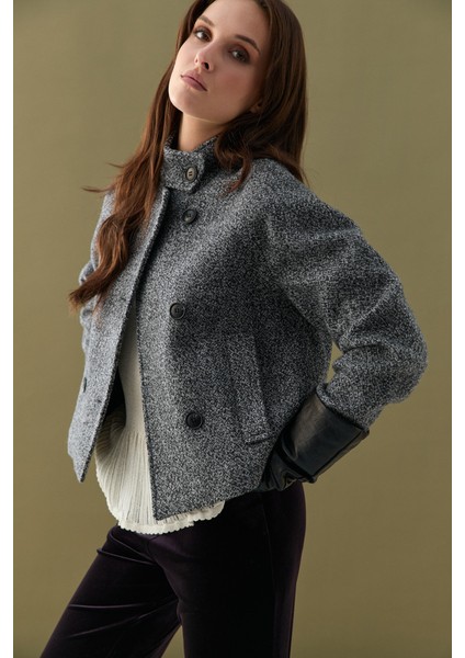 Dik Yakalı Yünlü Ceket - Siyah modelleri