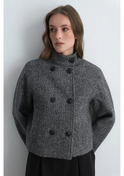 Dik Yakalı Yünlü Ceket - Siyah indirimleri