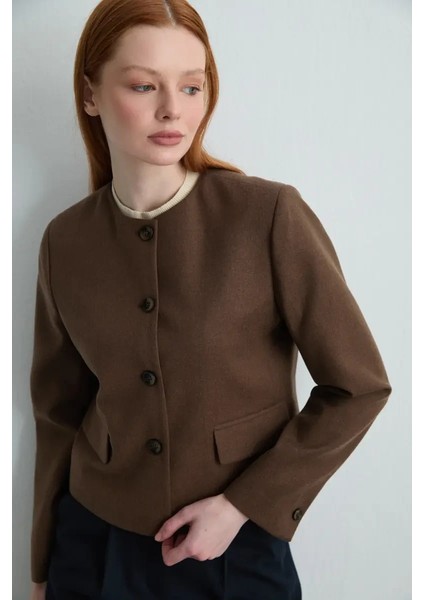 Yakasız Yünlü Ceket - Kahverengi fiyatları