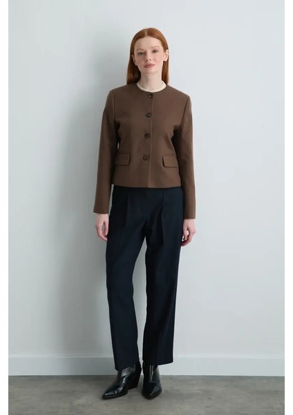 Yakasız Yünlü Ceket - Kahverengi modelleri