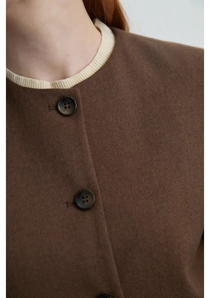 Yakasız Yünlü Ceket - Kahverengi fırsatları