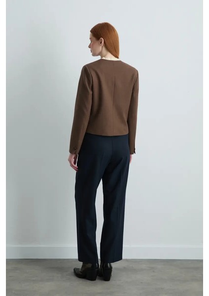 Yakasız Yünlü Ceket - Kahverengi indirimleri