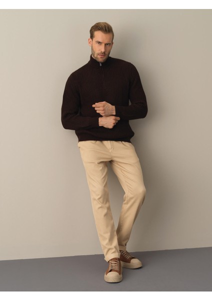 Erkek Kahverengi Yarım Fermuarlı Kazak