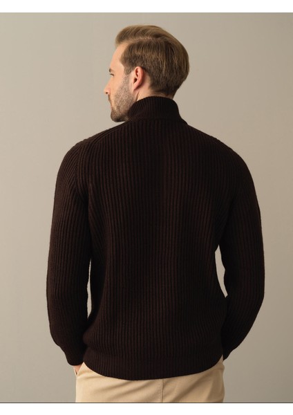 Erkek Kahverengi Yarım Fermuarlı Kazak