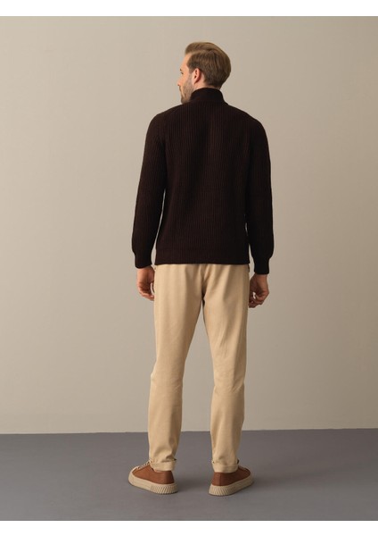 Erkek Kahverengi Yarım Fermuarlı Kazak