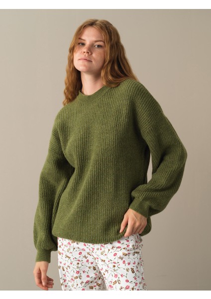 Kadın Yeşil Bisiklet Yaka Oversize Kazak