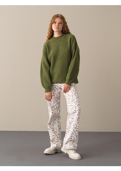 Kadın Yeşil Bisiklet Yaka Oversize Kazak