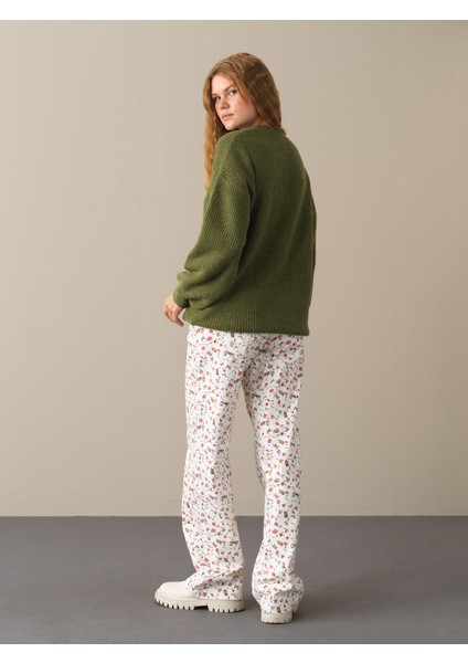 Kadın Yeşil Bisiklet Yaka Oversize Kazak