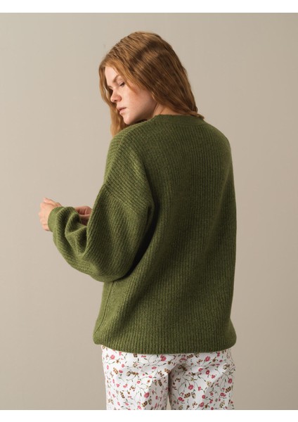 Kadın Yeşil Bisiklet Yaka Oversize Kazak