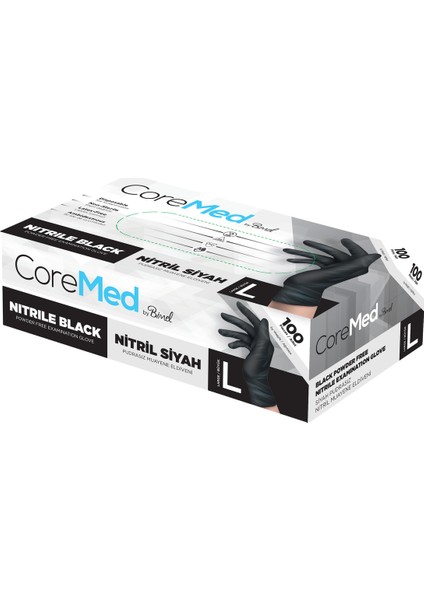 Coremed Nitril Siyah Pudrasız Muayene Eldiveni L - 1 Paket 100 Lü fiyatları