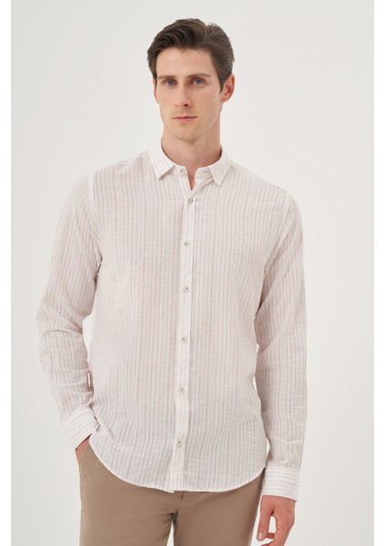 Erkek Bej Keten Trend Dynamic Fit Britli Yaka Gömlek