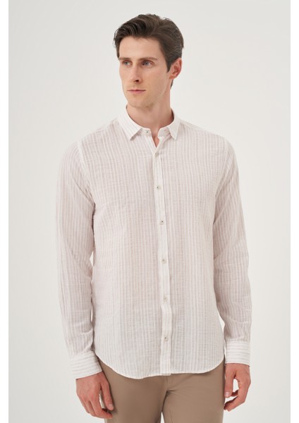 Erkek Bej Keten Trend Dynamic Fit Britli Yaka Gömlek modelleri