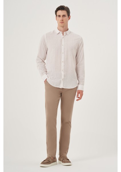 Erkek Bej Keten Trend Dynamic Fit Britli Yaka Gömlek indirimleri