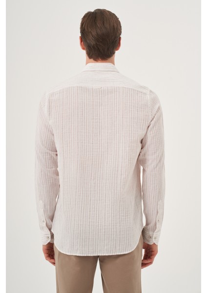 Erkek Bej Keten Trend Dynamic Fit Britli Yaka Gömlek