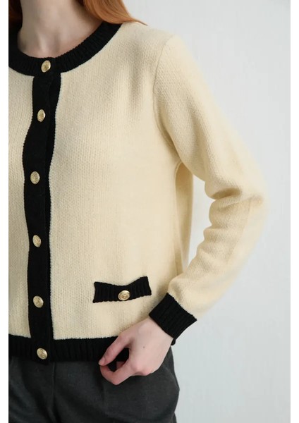 Kadife Dokulu Garnili Triko Hırka - Ekru fırsatları