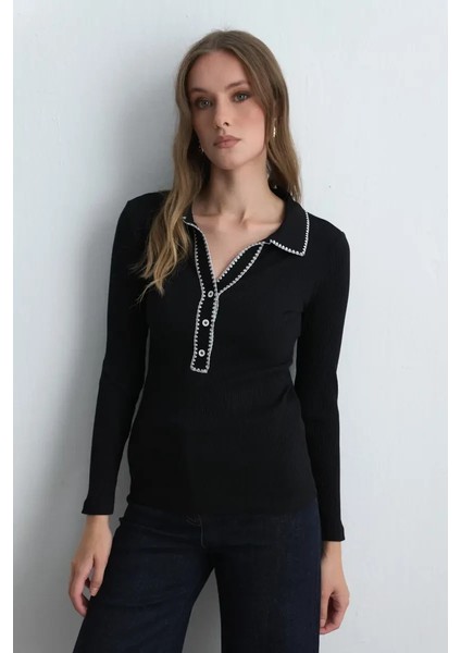 Polo Yaka Nakışlı Ribana Bluz - Siyah fiyatları