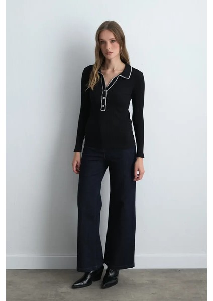 Polo Yaka Nakışlı Ribana Bluz - Siyah modelleri