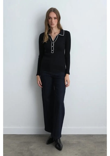 Polo Yaka Nakışlı Ribana Bluz - Siyah fırsatları