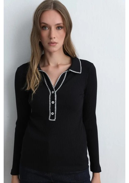 Polo Yaka Nakışlı Ribana Bluz - Siyah indirimleri