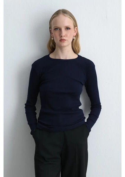 Uzun Kollu Basic Pamuk Tshirt - Lacivert