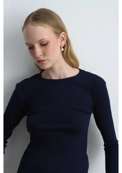 Uzun Kollu Basic Pamuk Tshirt - Lacivert modelleri