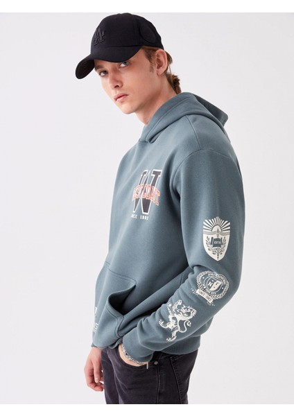 Xsıde Yeşil Uzun Kollu Baskılı Erkek Kalın Hoodie